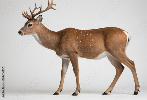  standard Eld's Deer right side view. Full figure visible, flat white background, no shadows, head and legs visible, ultra detailed, photorealistic 400mm lens, low angle  photo