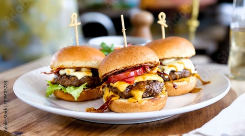 hyper-realistic food photography of a gourmet slider trio, each showcasing unique flavor profiles one with creamy brie cheese and caramelized onions, another with spicy jalapeño relish