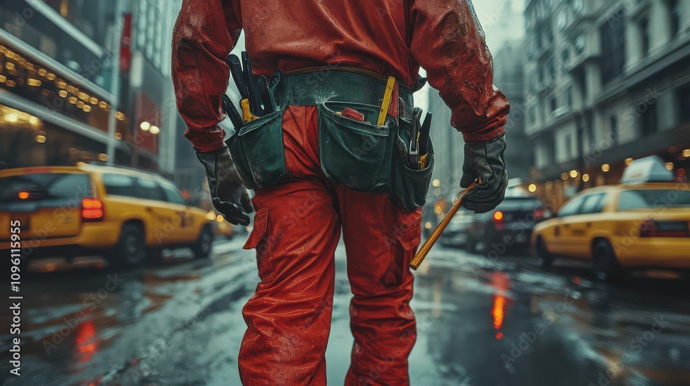 A Worker in Red Carhartt Pants Carries Tools on a Rainy City Street A Worker in Red Carhartt Pants Carries Tools on a Rainy City Street