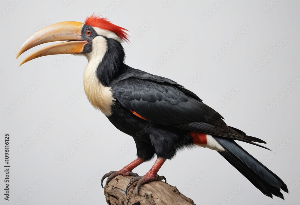Obraz premium standard Hornbill tail right side view. Full figure visible, flat white background, no shadows, head and legs visible, ultra detailed, photorealistic 400mm lens, low angle