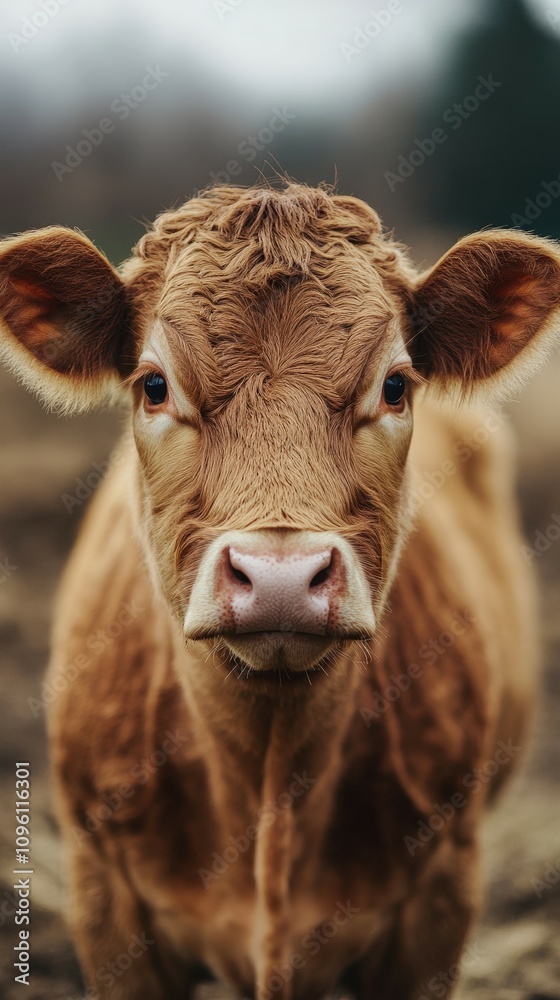 Close-up of a young brown cow with a curious expression, showcasing its features in a natural rural setting. Close-up of a young brown cow with a curious expression, showcasing its features in a natural rural setting.
