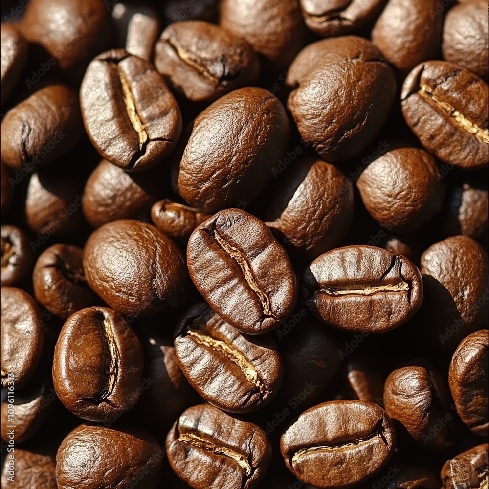 Naklejka premium Close-up of rich, roasted coffee bean texture, showcasing a variety of shapes and shades in a visually appealing arrangement.