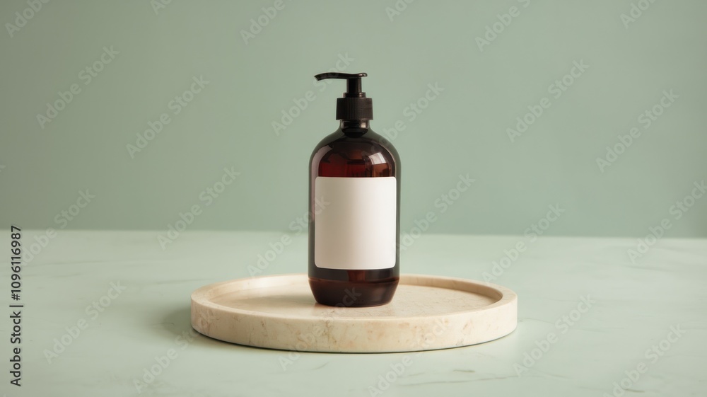 Amber pump bottle with blank label on a marble tray. Amber pump bottle with blank label on a marble tray.