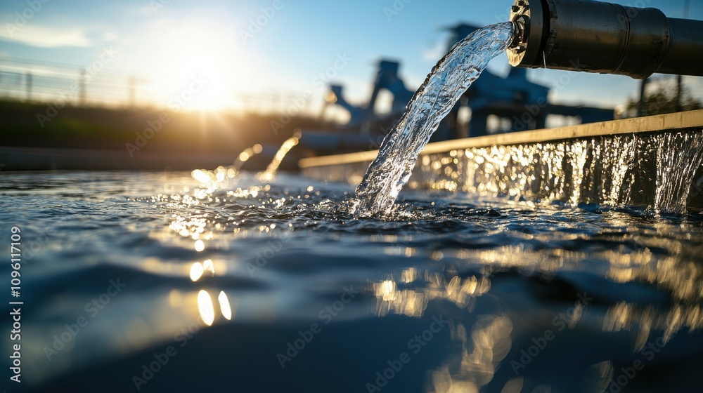 Fototapeta premium green energy hydropower energy storage Concept. A close-up of flowing water from a pipe, reflecting sunlight, creating ripples on the surface, with a serene background of nature.