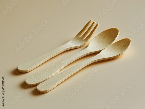 Elegant wooden cutlery set including a fork and two spoons on a neutral background, perfect for eco-friendly dining.