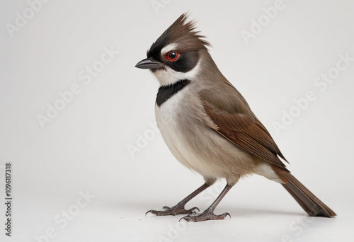  standard Red-whiskered bulbul right side view. Full figure visible, flat white background, no shadows, head and legs visible, ultra detailed, photorealistic 400mm lens, low angle  photo