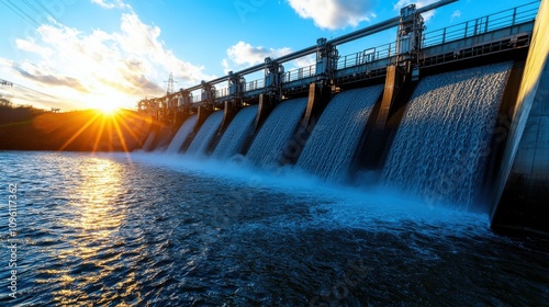 green energy  hydropower  energy storage Concept. A serene sunset over a dam, showcasing cascading water and a vibrant sky, highlighting the beauty of nature and engineering.