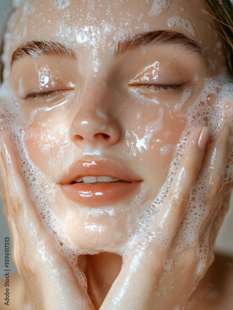 Close-up of a young woman washing face with soap suds, clean glowing skin, professional studio photography Close-up of a young woman washing face with soap suds, clean glowing skin, professional studio photography