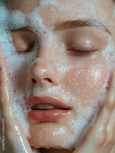 Close-up of a young woman washing face with soap suds, clean glowing skin, professional studio photography