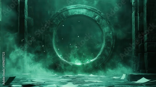 Ethereal 3D Render: Ancient Stone Portal Glows with Emerald Light in Mystical Fog