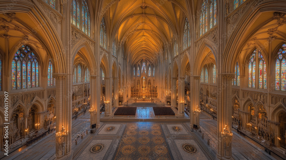 Fototapeta premium A Breathtaking View Of A Vast, Expansive Cathedral With High Vaulted Ceilings, Stained Glass Windows, And Ornate Decorations, Showcasing The Grandeur Of Religious Architecture