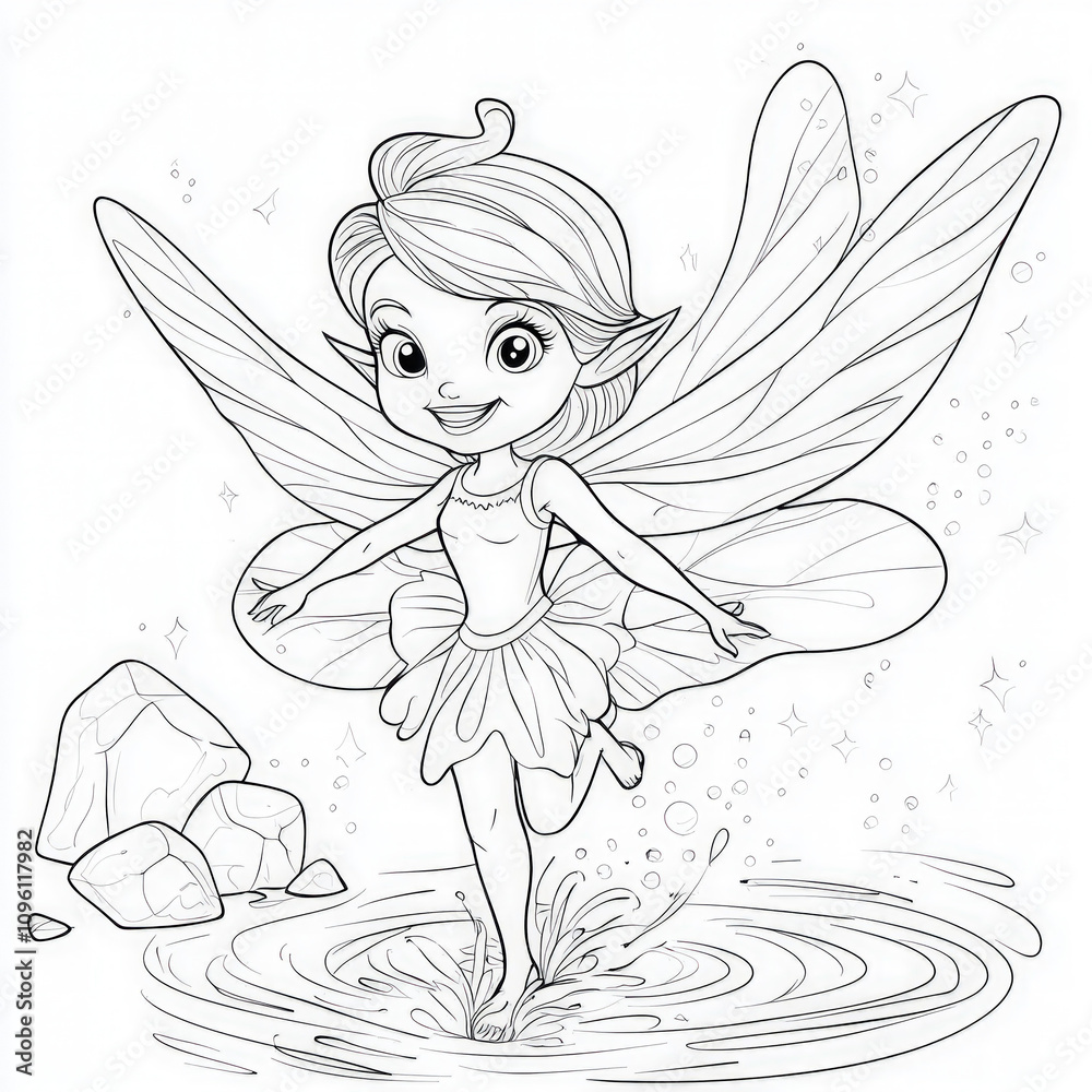A magical fairy crossing a sparkling stream, coloring page for kids, simple outline illustration. Coloring book, simple lines. A magical fairy crossing a sparkling stream, coloring page for kids, simple outline illustration. Coloring book, simple lines.