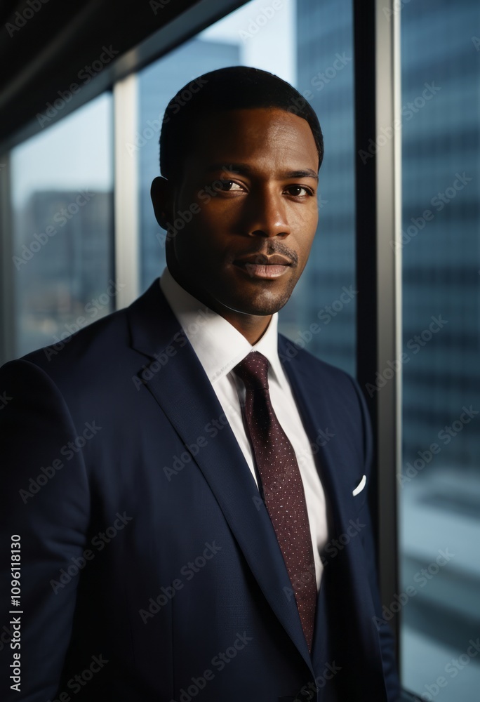 A man in a suit and tie stands in front of a window black businessman portrait Ultra realistic Photorealistic hyperdetailed photography soft light head and shoulders portrait cover