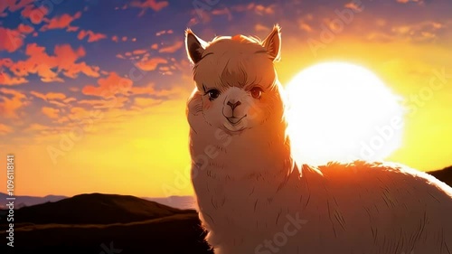 anime alpaca under sunset sky, perfect for segue, transition