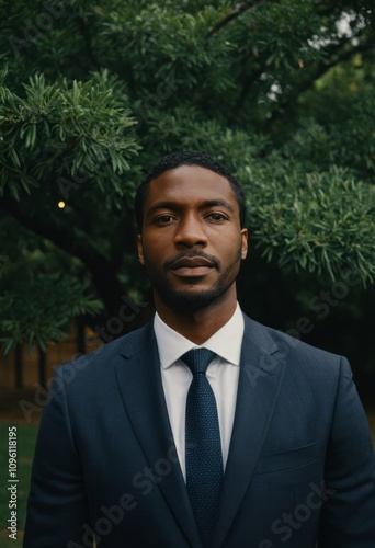 A man in a suit and tie is standing in front of a green tree black businessman portrait Ultra realistic Photorealistic hyperdetailed photography soft light head and shoulders portrait cover