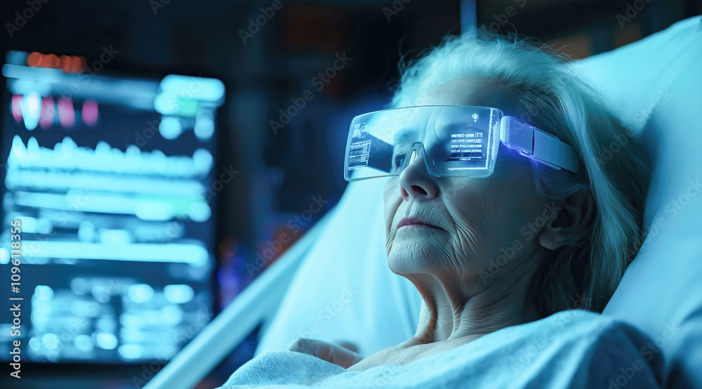 An elderly woman interacts with a holographic control monitor. The concept highlights modern healthcare technology for senior patients. Generative AI. An elderly woman interacts with a holographic control monitor. The concept highlights modern healthcare technology for senior patients. Generative AI.