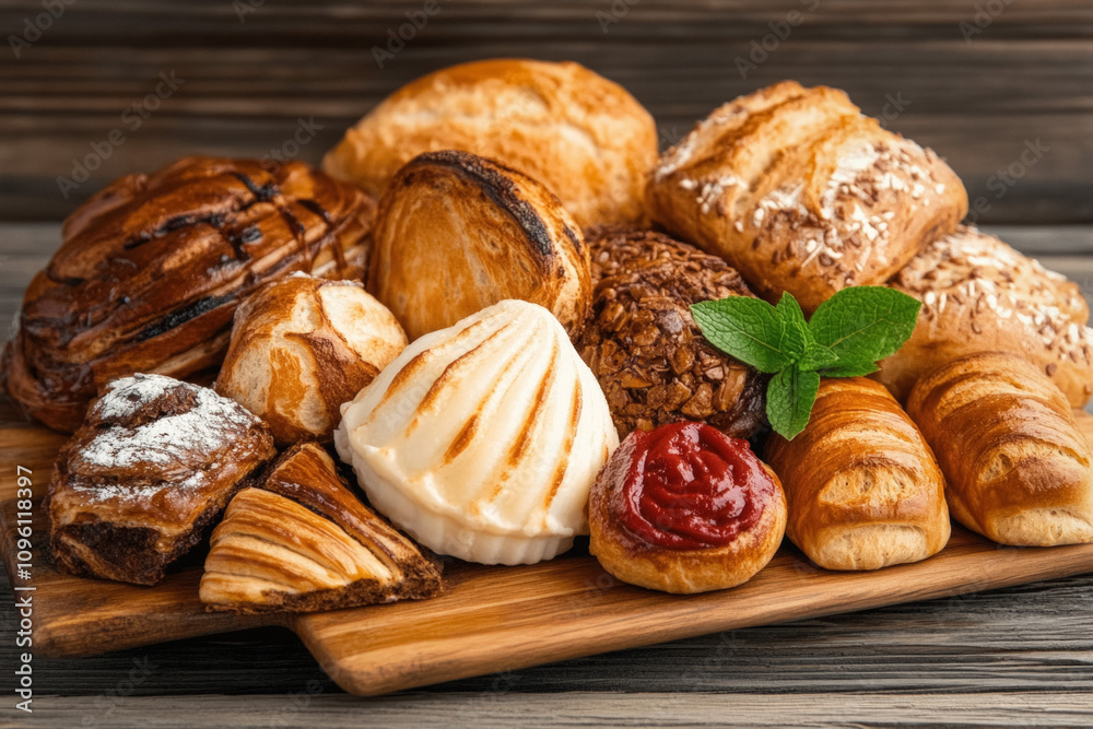 An Inviting Display Of Artisan Bread And Pastries, Including Conchas And Bolillos, Arranged On A Rustic Wooden Table, Representing The Baked Goods Commonly Found In Mexican Markets An Inviting Display Of Artisan Bread And Pastries, Including Conchas And Bolillos, Arranged On A Rustic Wooden Table, Representing The Baked Goods Commonly Found In Mexican Markets