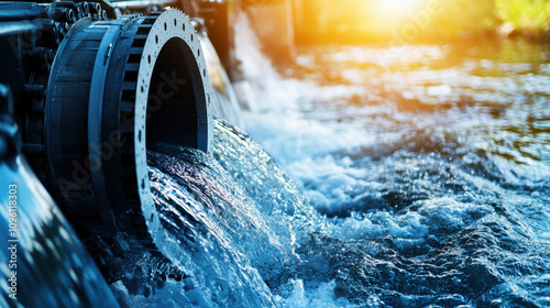 green energy  hydropower  energy storage Concept. A close-up view of water flowing from a pipe into a river, highlighting the movement and clarity of the liquid against a bright background.