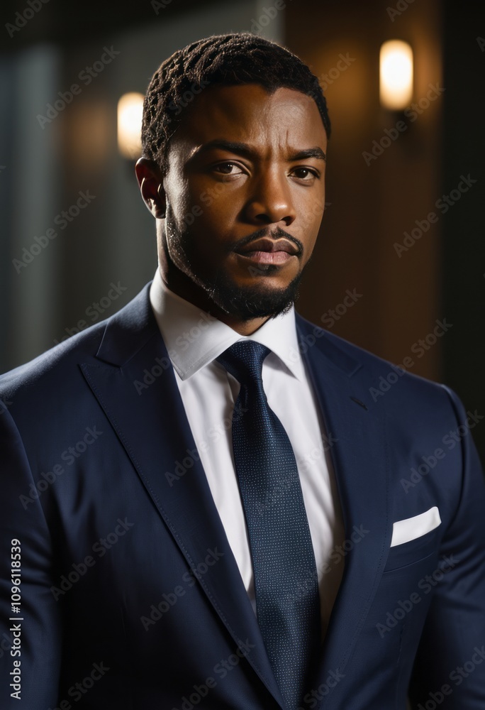 Professional portrait, confident African American man, navy blue suit, white shirt, dark tie, brick wall background, soft lighting, elegant, serious expression, corporate headshot style, high-quality Professional portrait, confident African American man, navy blue suit, white shirt, dark tie, brick wall background, soft lighting, elegant, serious expression, corporate headshot style, high-quality