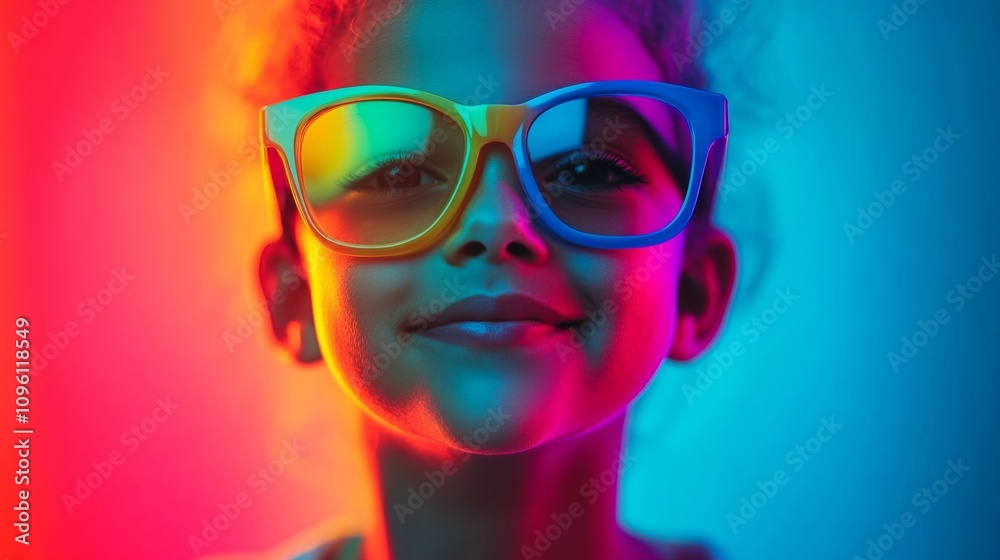 A child with curly hair smiles joyfully while wearing oversized, colorful glasses. The vibrant background creates a playful and artistic atmosphere in this creative moment