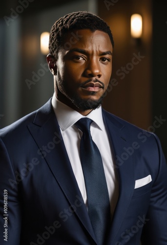 Professional portrait, confident African American man, navy blue suit, white shirt, dark tie, brick wall background, soft lighting, elegant, serious expression, corporate headshot style, high-quality 