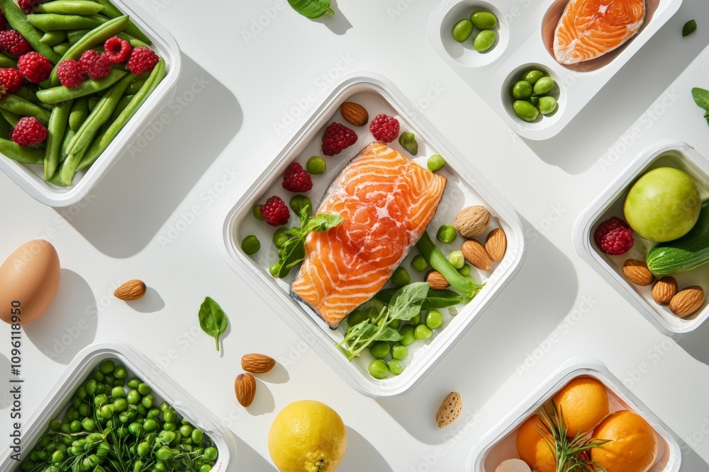 Various healthy foods, chicken and fish in white boxes on the table, vegetables, fruits with berries, nuts, eggs, legumes, salmon, green beans. The background is light color. Various healthy foods, chicken and fish in white boxes on the table, vegetables, fruits with berries, nuts, eggs, legumes, salmon, green beans. The background is light color.