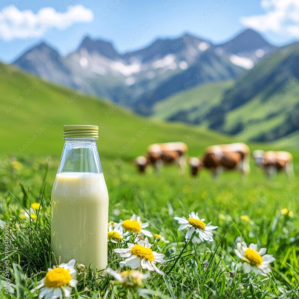 Milk bottle concept. A glass bottle of milk stands in a vibrant meadow filled with daisies, with cows grazing peacefully and majestic mountains in the background. Milk bottle concept. A glass bottle of milk stands in a vibrant meadow filled with daisies, with cows grazing peacefully and majestic mountains in the background.