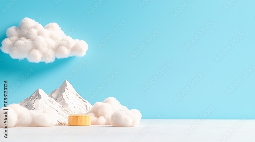 Obraz premium A whimsical scene featuring fluffy clouds and snowy mountains against a bright blue background, creating a playful and serene landscape.