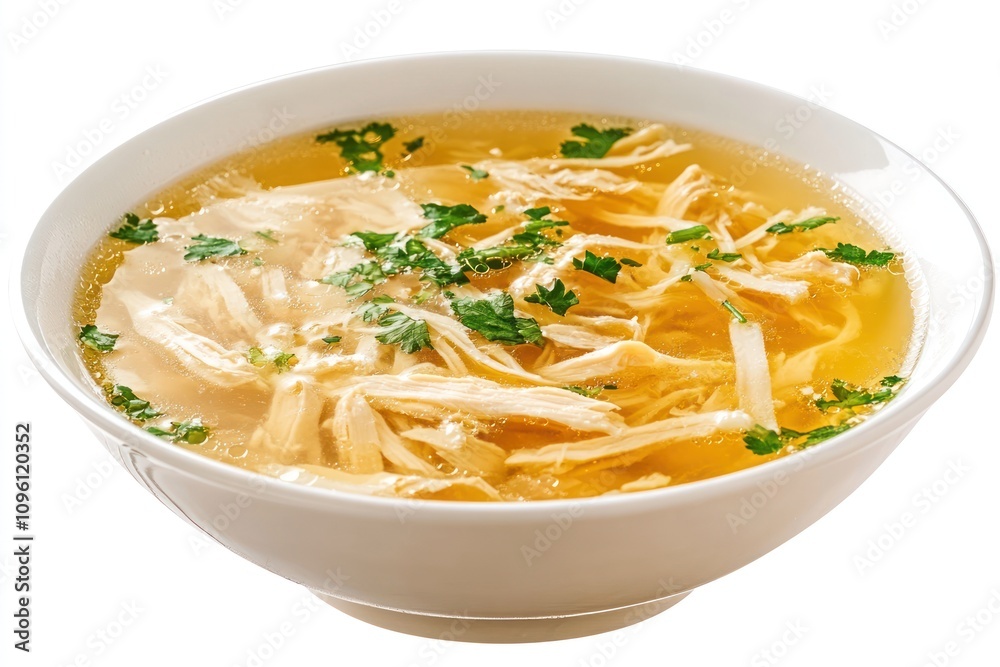 A bowl of chicken soup garnished with cilantro, showcasing a warm and comforting dish. A bowl of chicken soup garnished with cilantro, showcasing a warm and comforting dish.