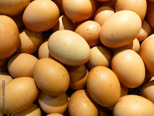 A pile of chicken eggs on display in a supermarket 