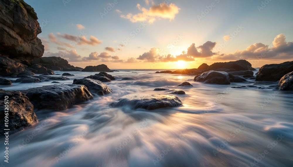 Obraz premium Stunning ocean sunset with golden sunlight sparkling on the water, perfect for travel, relaxation, and inspirational themes, capture the beauty of nature