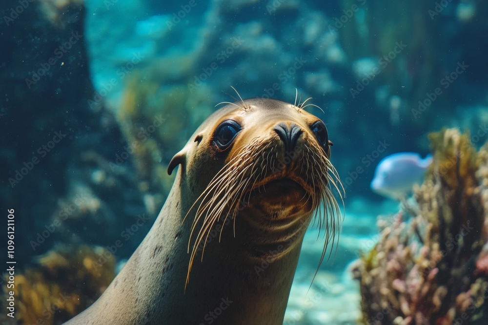 Fototapeta premium Underwater photography of an Australian sea lion looking at the camera, with beautiful clear water, fish, and a coral reef, and sunlight rays.
