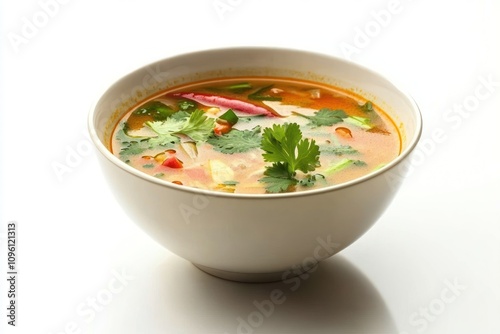 A bowl of vibrant soup garnished with herbs and spices.