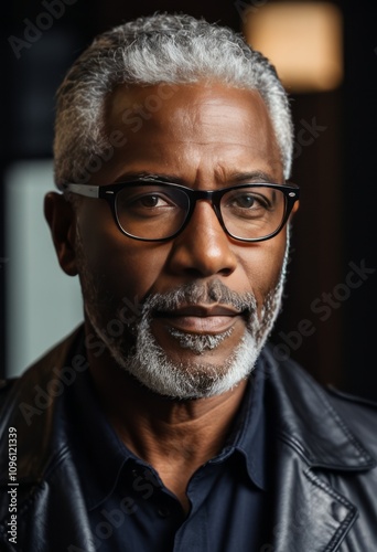 Portrait, elderly African American man, silver hair, beard, glasses, thoughtful expression, dark shirt, soft lighting, shallow depth of field, professional headshot, wisdom, distinguished, high-contra