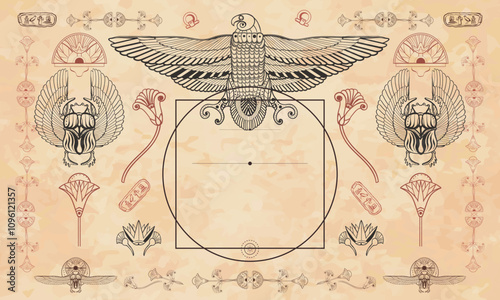 Ancient Egypt background. Scarab and sacred eagle. Egyptian frame template. Medieval manuscripts. Travel and History art. Old paper vector. Cover page template