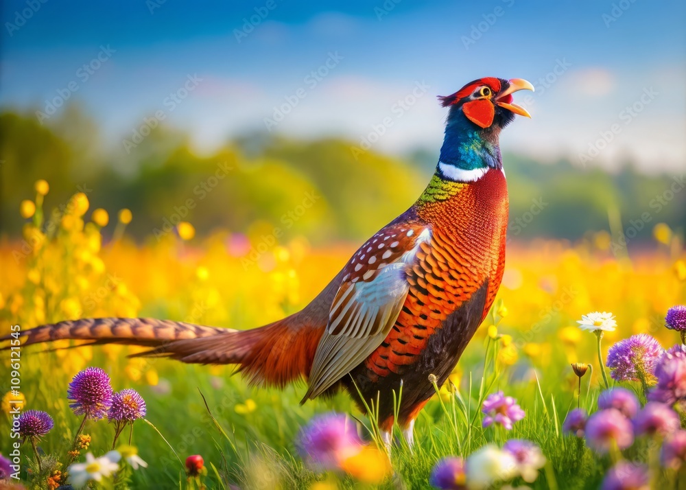 Fototapeta premium Male Pheasant Calling in Springtime: Capturing the Vibrant Colors and Natural Habitat of a Male Pheasant as He Calls, Surrounded by Fresh Spring Blooms and Lush Greenery in a Serene Setting
