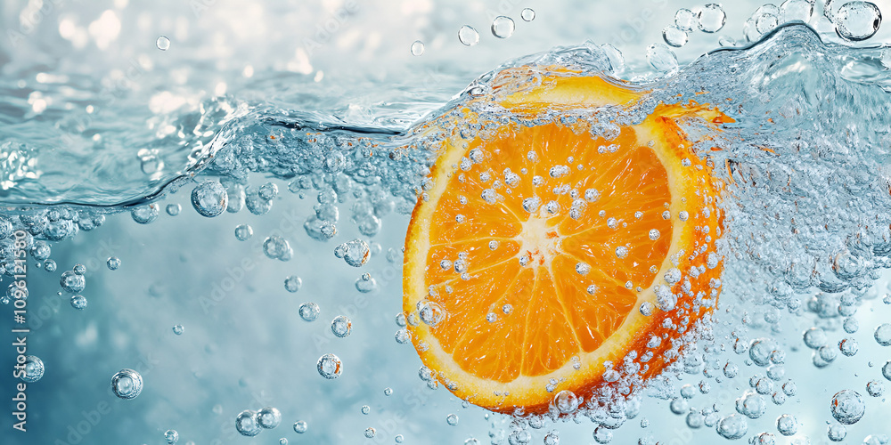 Orange Slice in Sparkling Water with Bubbles Orange Slice in Sparkling Water with Bubbles
