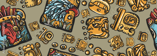 Mayan pattern. Ancient mexican civilization art.  Golden glyphs. Aztec, inca background