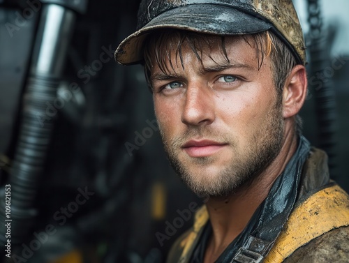 Factory worker with a determined expression, standing in front of heavy machinery, Labour Day scene