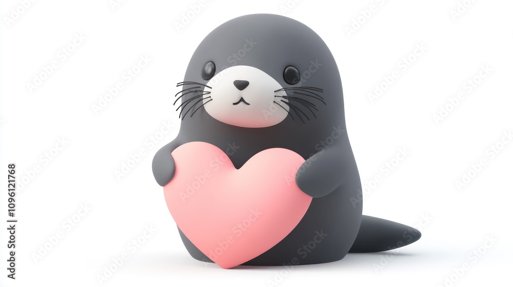 A cute cartoon seal holding a pink heart, symbolizing love and affection. A cute cartoon seal holding a pink heart, symbolizing love and affection.