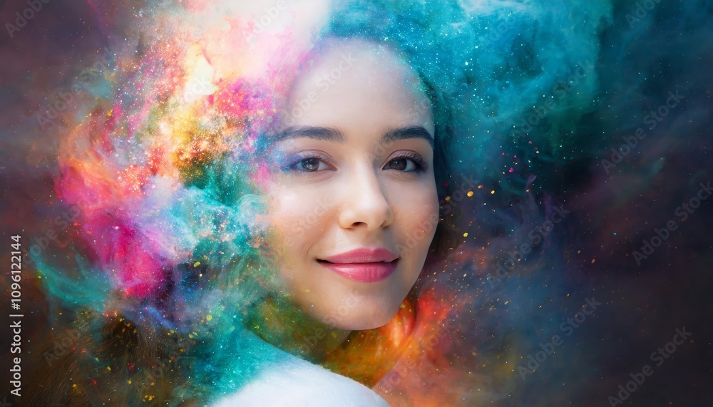 A mesmerizing fantasy abstract portrait showcasing a beautiful woman, captured through an artistic double exposure technique blending vibrant colors and imaginative digital artistry. A mesmerizing fantasy abstract portrait showcasing a beautiful woman, captured through an artistic double exposure technique blending vibrant colors and imaginative digital artistry.
