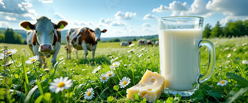 Freshly milked organic natural farm bio glass jag of milk with cheese in green grass field