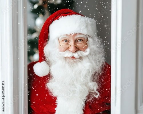 Jolly Santa Claus peering through doorway, snowy scene. photo