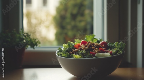 A Bowl of Salad by a Window