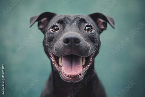 Dramatic close-up of a dog against a sleek black background, highlighting its glossy fur, intense gaze, and expressive features, ideal for use in pet branding, advertising campaigns, or artistic proje photo