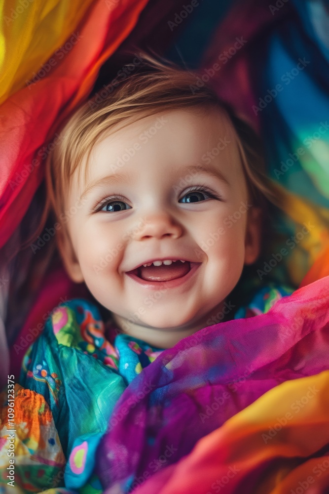 A cheerful baby with bright eyes and a big smile plays amidst layers of colorful fabric. The vibrant hues create a playful atmosphere that radiates joy and innocence A cheerful baby with bright eyes and a big smile plays amidst layers of colorful fabric. The vibrant hues create a playful atmosphere that radiates joy and innocence