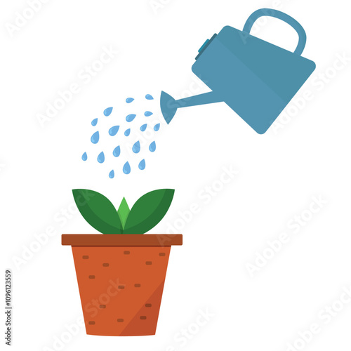 a watering can waters a young plant in a clay pot