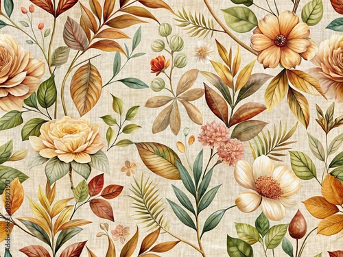 Modern Abstract Floral Background with Earthy Leaves on Linen Textures for  Pattern Design, Perfect for Wallpaper, Cloth Packaging, Curtains, Duvet Covers, and Shirts