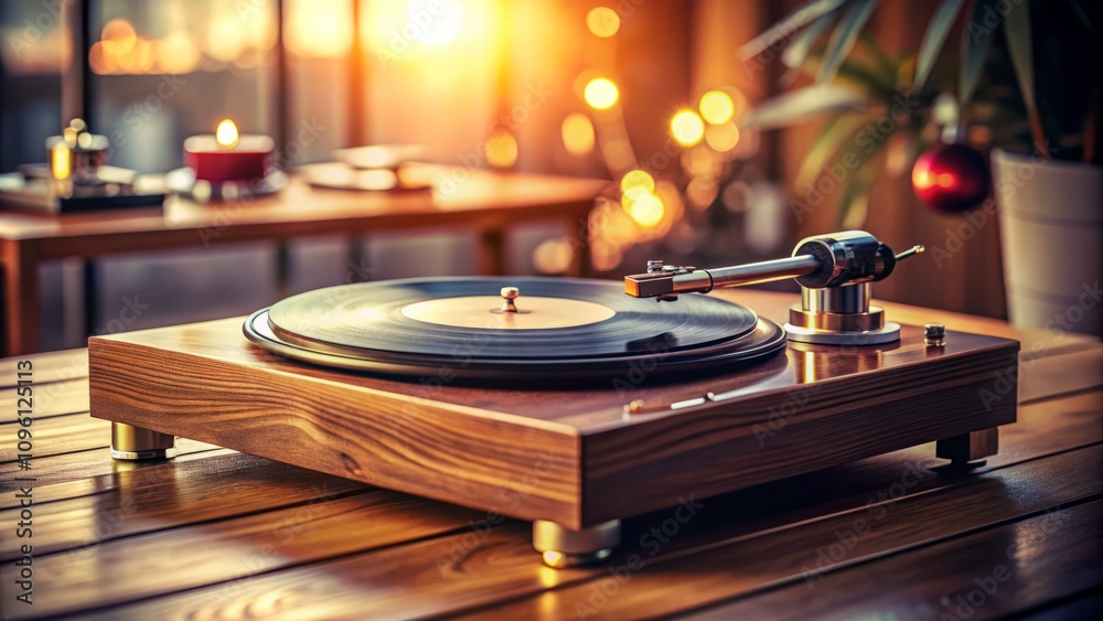 Fototapeta premium Modern Record Player Spinning Vinyl on a Rustic Wood Table with Tilt-Shift Effect for a Unique Perspective of Music and Nostalgia in a Contemporary Setting
