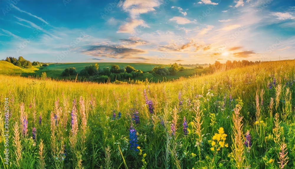 Obraz premium Lush and vibrant summer rustic pastoral landscape panorama with tall flowering grass swaying gently on verdant green fields under a bright, expansive sky, evoking natural tranquility.